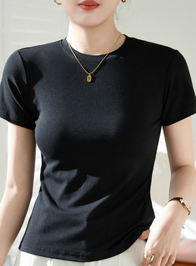 短袖t恤女正肩黑色夏季2024新款紧身体恤半高领内搭打底衫白上衣