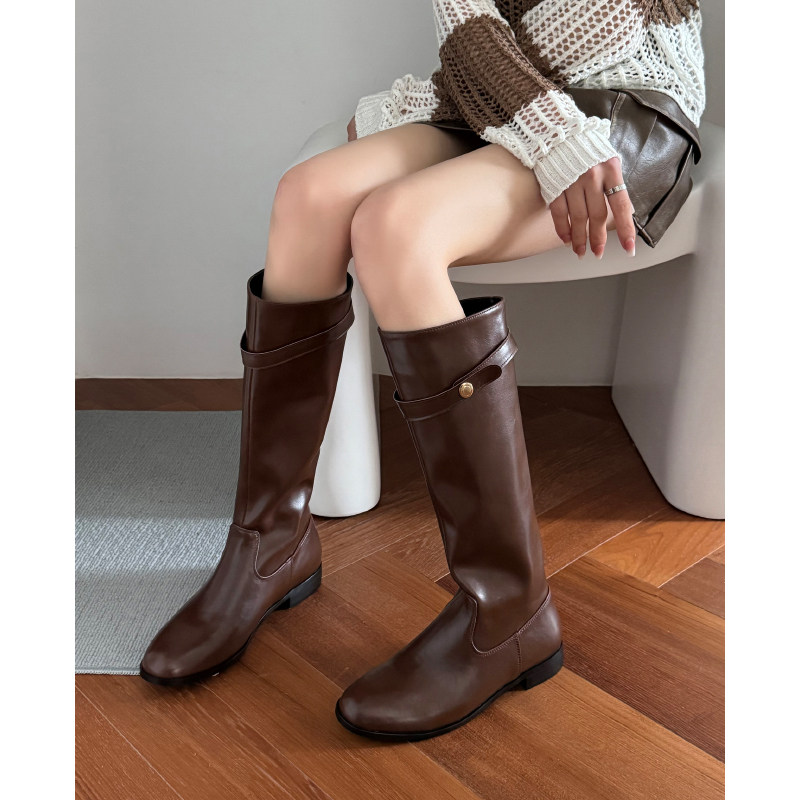 페어리윙크 코너 파리  여성 가을 겨울 하이 부츠를위한 금화 두꺼운 발 뒤꿈치 두꺼운 단독 중간 길이 나이트 부츠