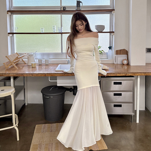 HeartyBite 2025秋冬新款一字肩气质连衣裙女雪纺拼接修身包臀裙