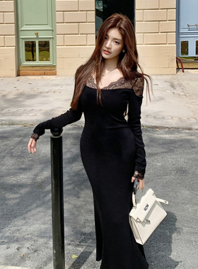 HeartyBite 2025秋冬新款V领蕾丝拼接包臀鱼尾连衣裙女高级气质修