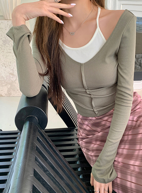 HeartyBite 2025秋冬新款设计感露肩纯欲辣妹紧身假两件T恤女短款