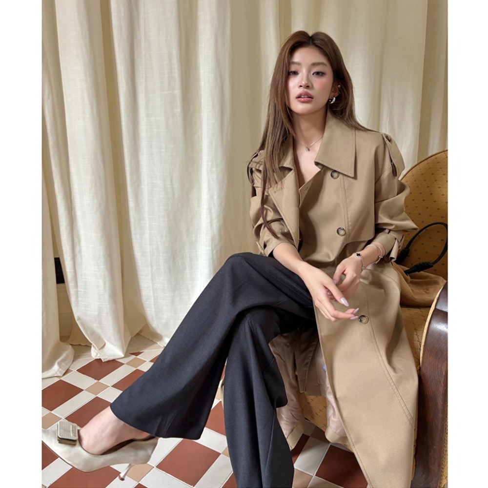 HeartyBite 2025秋冬新款经典风衣卡其色大衣中长过膝翻领气质时