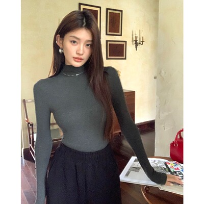 HeartyBite 2025秋冬新款半高领修身长袖打底衫女欧美紧身辣妹百
