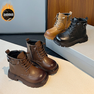 儿童皮靴2025年秋冬季新款加绒棉靴女童小黄靴保暖低帮马丁靴软底