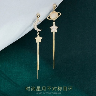 潮氣質(zhì)長款 s925純銀新款 流蘇星月不對稱耳環(huán)女小眾設(shè)計感耳墜耳飾