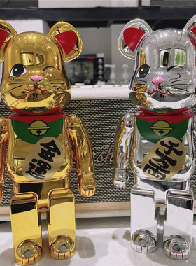 bearbrick400%暴力熊金运招财猫公仔 电镀积木熊玩偶潮牌手办摆件