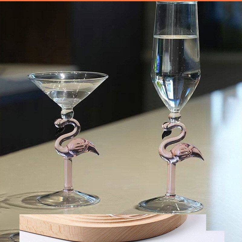 创意火烈鸟高硼硅高脚杯粉色平口酒杯玻璃红酒杯派对香槟香槟杯