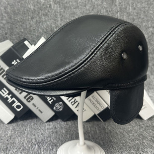 厂家直销海宁皮帽子牛皮前进帽冬季保暖护耳男士真皮贝雷帽鸭舌帽