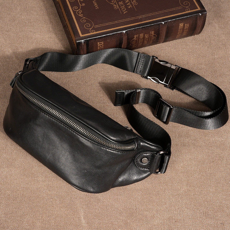 腰包男真皮斜挎包男士休闲百搭大容量黑色羊皮胸包都市骑行小包