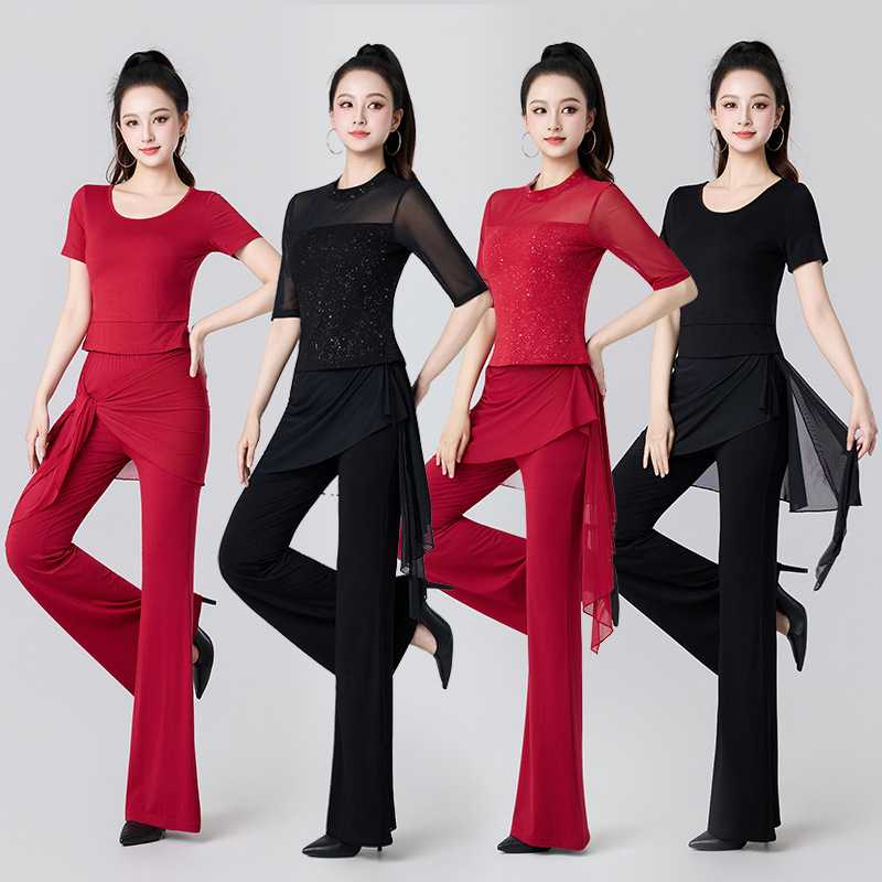 新款广场舞摩登演出服女修身烫钻