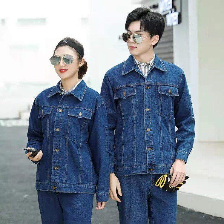 牛仔工作服套装男女立领加厚电力