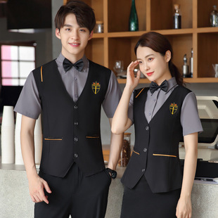 奶茶餐饮咖啡馆女夏装短袖假两件马甲套装酒店西餐厅服务员工作服