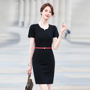 夏季时尚女装纯黑色短袖连衣裙职业装v领珠宝店美容院工作服单件