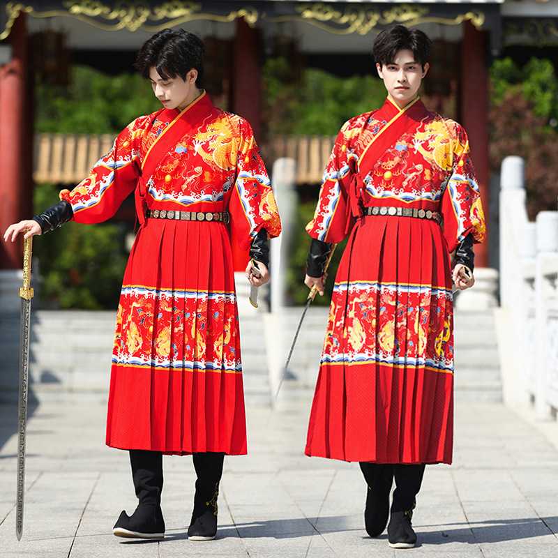 汉服男中大红色飞鱼服龙纹喜庆码