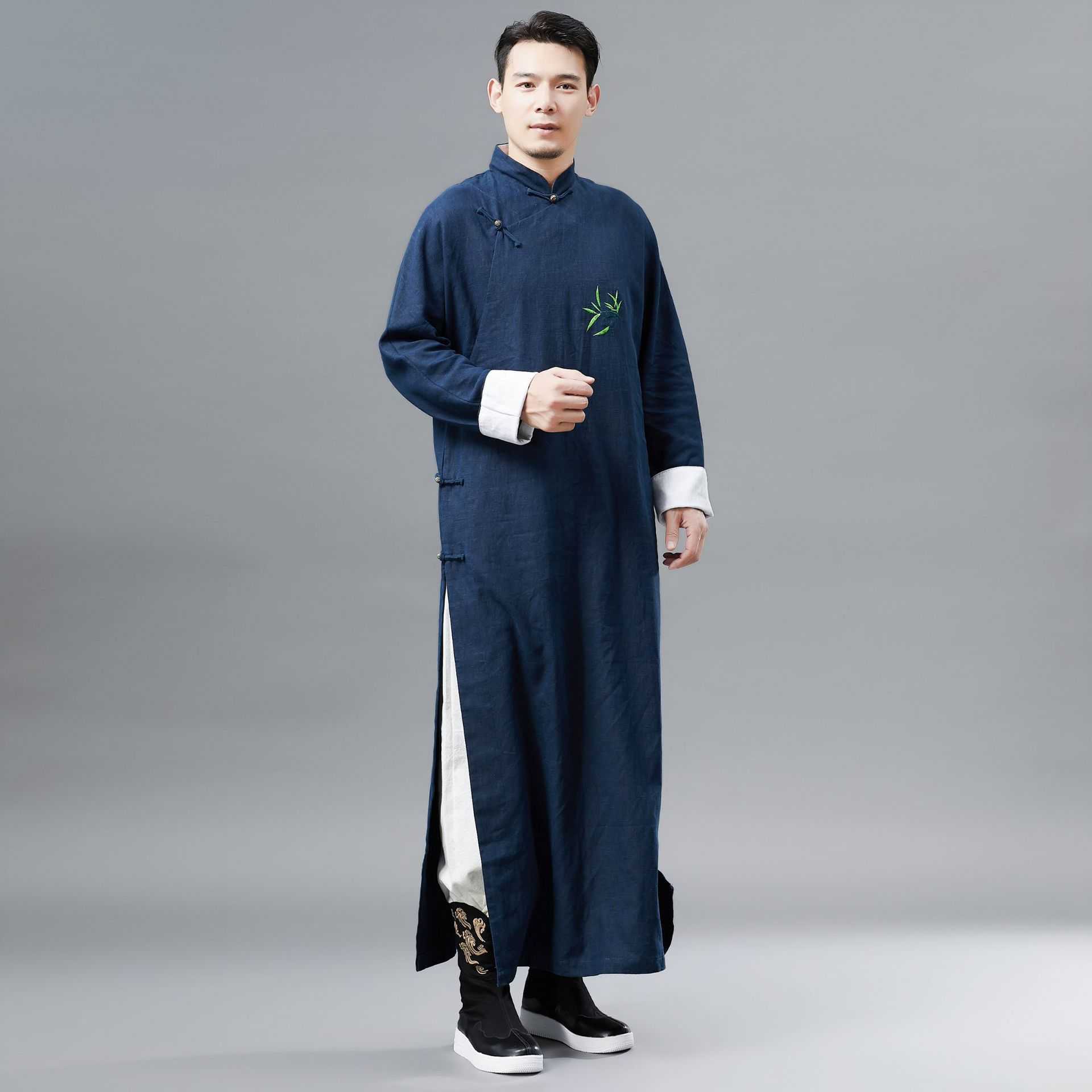 新款绣竹长衫男长款相声大褂唐装