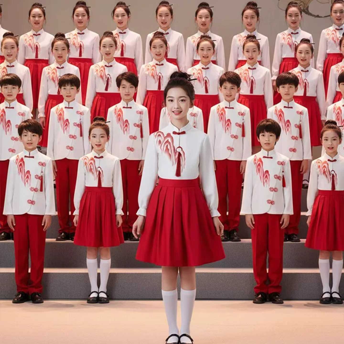 六一儿童合唱演出服|中红色礼服