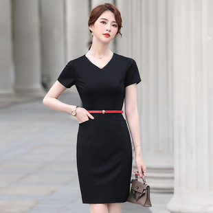 夏季v领短袖职业装连衣裙显瘦气质酒店前台珠宝店美容师工作服