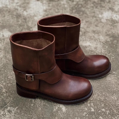 牛皮版~赵昭仪周雨彤同款复古风西部牛仔靴皮带扣短靴女中筒靴子
