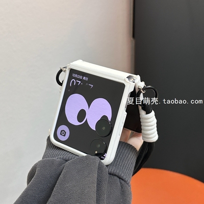 简约纯色皮纹适用小米mixflip手机壳新款华为Pocket2/novaflip折叠屏全包oppofindn3女三星zflip5/6手提链条0