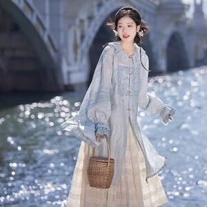 2024夏季新国风薄款防晒圆领对襟长衫泡芙半身裙改良汉服套装拍摄