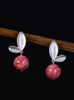 耳环耳饰手工非遗大漆珠子镶欧珀配铜镀厚银蝴蝶生日节日送友礼品