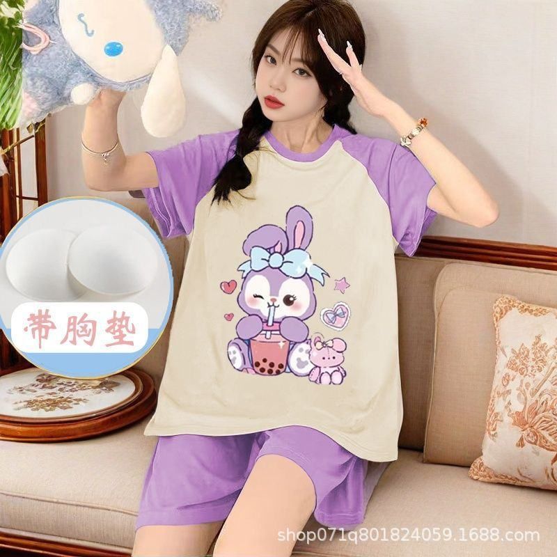 【牛奶丝面料厂家直销】夏季加胸垫睡衣女士卡通短袖短裤薄款睡衣
