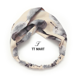 韩国进口 春夏杏色文艺艺术抽象树腰果印花宽边交叉发带发饰发绳