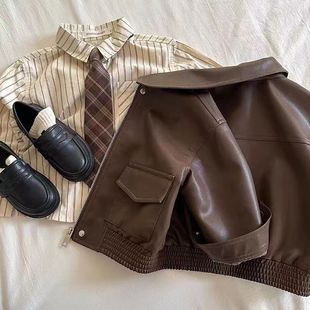 夹克潮 百搭短款 儿童外套2025春新款 男女童纯色翻领皮衣宝宝韩版