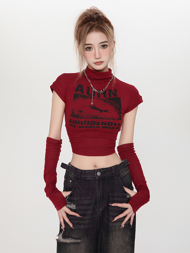 纯欲风带袖套短袖T恤女潮牌abg辣妹性感露脐显瘦修身正肩短款上衣