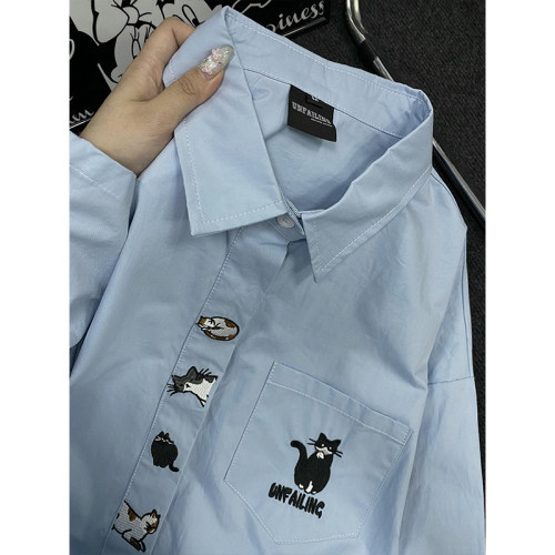 日系慵懒小猫刺绣短袖衬衫