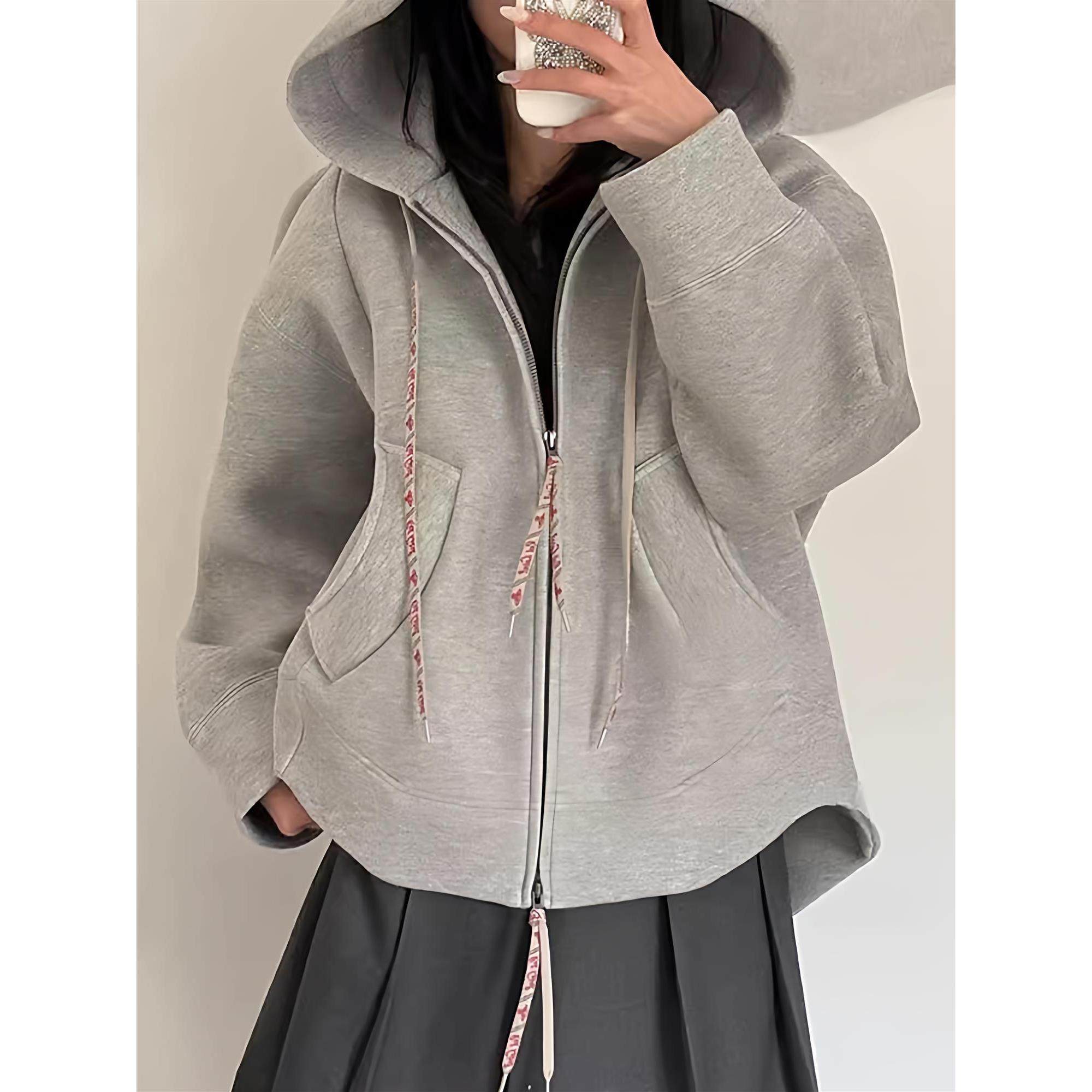 vivi/土星风格新款女巫拉链外套抽绳潮流宽松连帽太后卫衣女