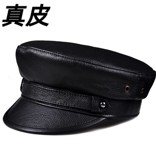真皮帽子男女羊皮韩版潮青年中老年秋冬季机车鸭舌平顶帽报童帽