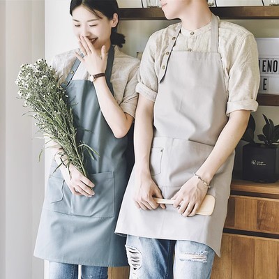 居友家用围裙厨房防水防油咖啡店工作服男女夏季薄款纯棉口袋