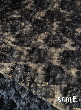 黑色方格创意编织立体肌理欧根纱高档女装裙外套手工面料设计师布