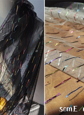 夏季轻薄 黑白色短线条冲击网纱布料 设计师创意连衣裙设计面料