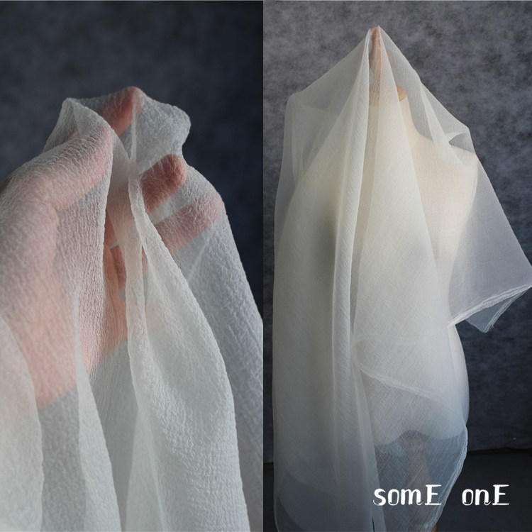 泡泡纱欧根纱肌理褶皱纱手工diy米白蕾丝进口透视设计师服装布料