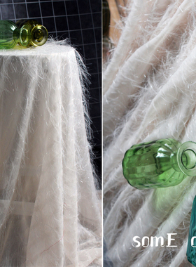 剪花流苏粉色白色立体透视网纱服装海边度假沙滩连衣裙毛毛面料