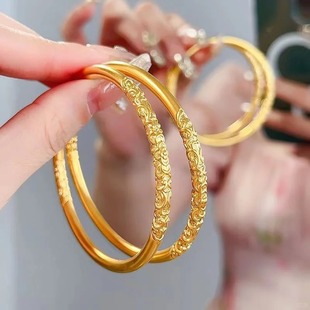 新款镀金卷草纹手镯女古法传承实心复古国风素圈手环送女友假三金