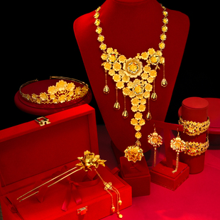 镀金新娘结婚假五金繁花皇冠头饰发冠女五金首饰结婚仿真六件套装