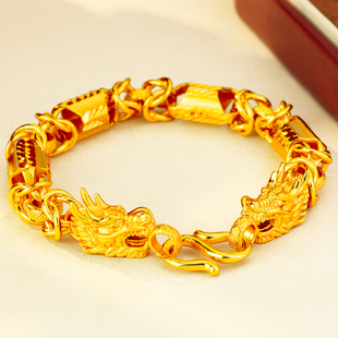 新款 霸气潮流龙头老板链送男友 镀黄金色10mm幻彩双龙头手链男士
