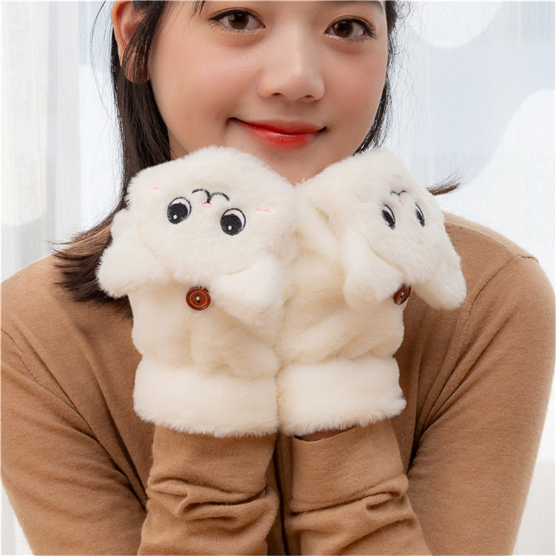 2024新款毛绒手套卡通猫可爱半指翻盖保暖加厚学生键盘手套女冬
