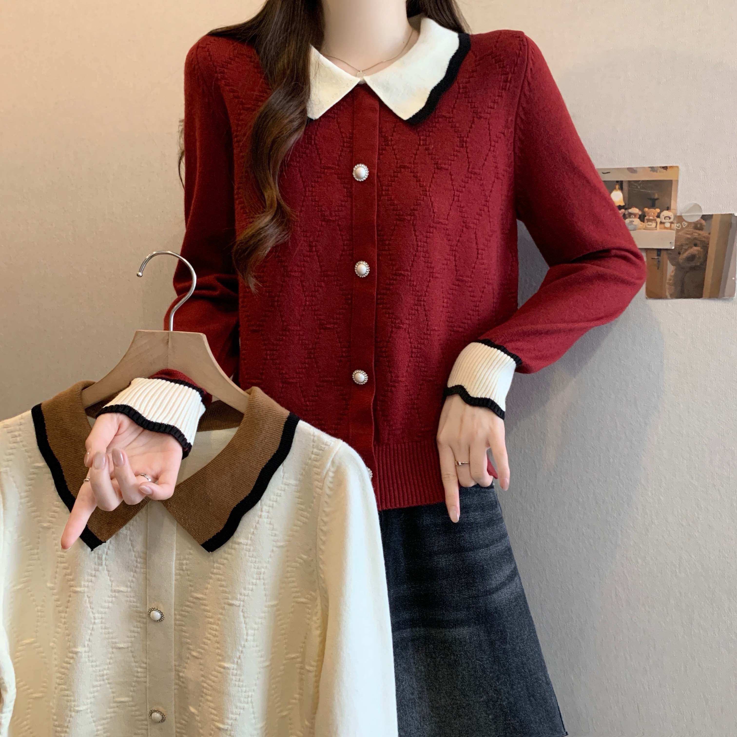 撞色娃娃领针织衫毛衣女