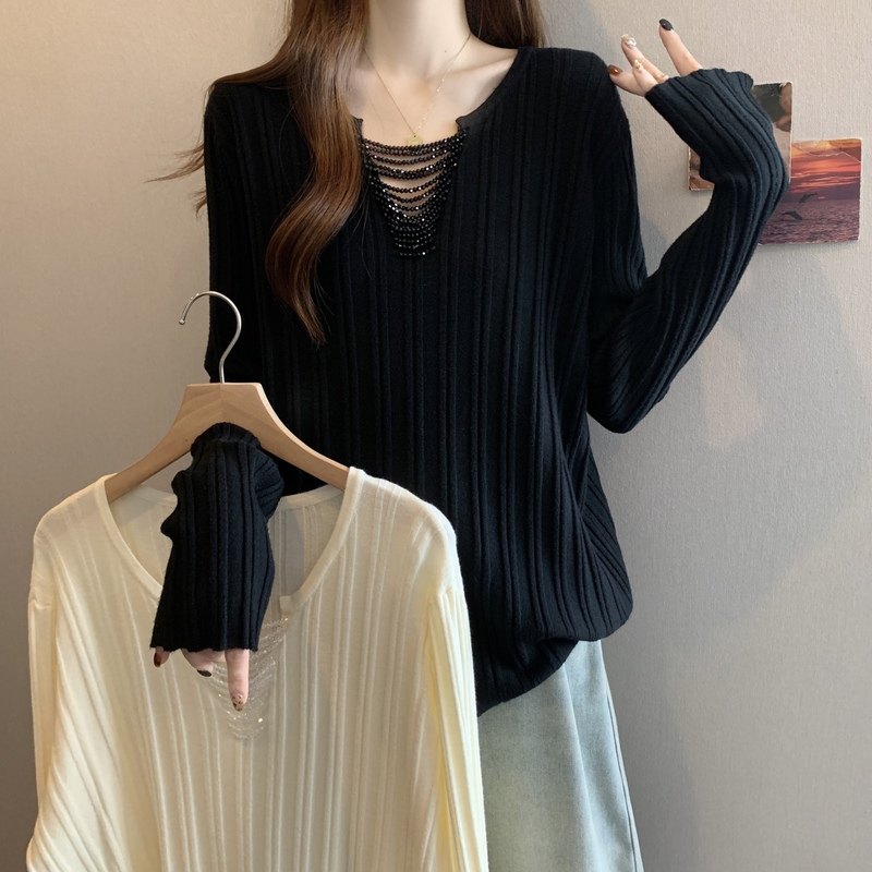 大码女装设计感串珠v领长袖针织衫秋冬胖mm宽松显瘦遮肉打底毛衣,女装/女士精品,毛衣,淘宝优惠券,粉丝福利购,淘宝优惠卷