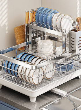 不锈钢碗碟收纳架沥水篮碗盘沥水架双层碗架厨房置物架放碗筷2090
