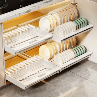 滑轮抽拉式碗碟收纳层架碗架厨房置物架放碗盘抽屉式整体橱柜拉篮