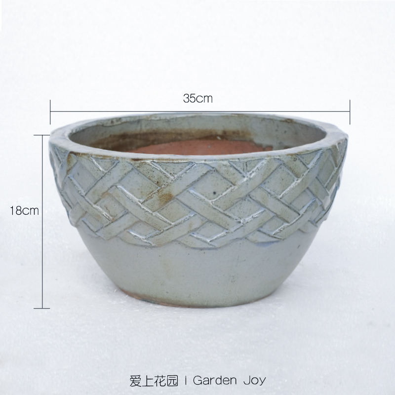 蓝色上釉红陶盆花盆透气圆钵
