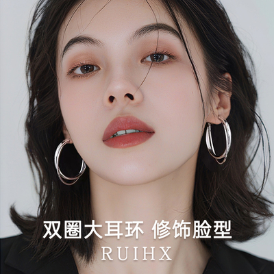 999纯银耳针方圆脸素大圆圈耳环