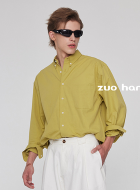 果绿色条纹长袖衬衫男2025年春季清新宽松基础款休闲日常文艺百搭