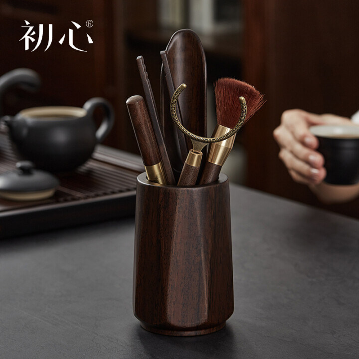 初心黑檀木茶道六君子茶夹茶勺茶针笔刷茶筒茶叉茶针功夫茶具套装