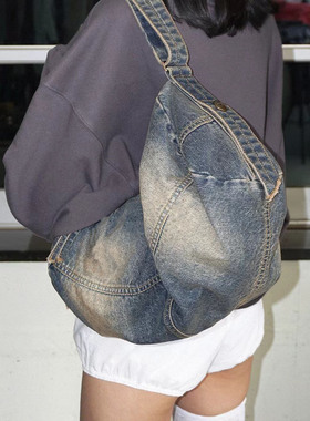 韩系牛仔包水洗牛仔斜挎包男女大容量旅行包托特包大学生通勤包